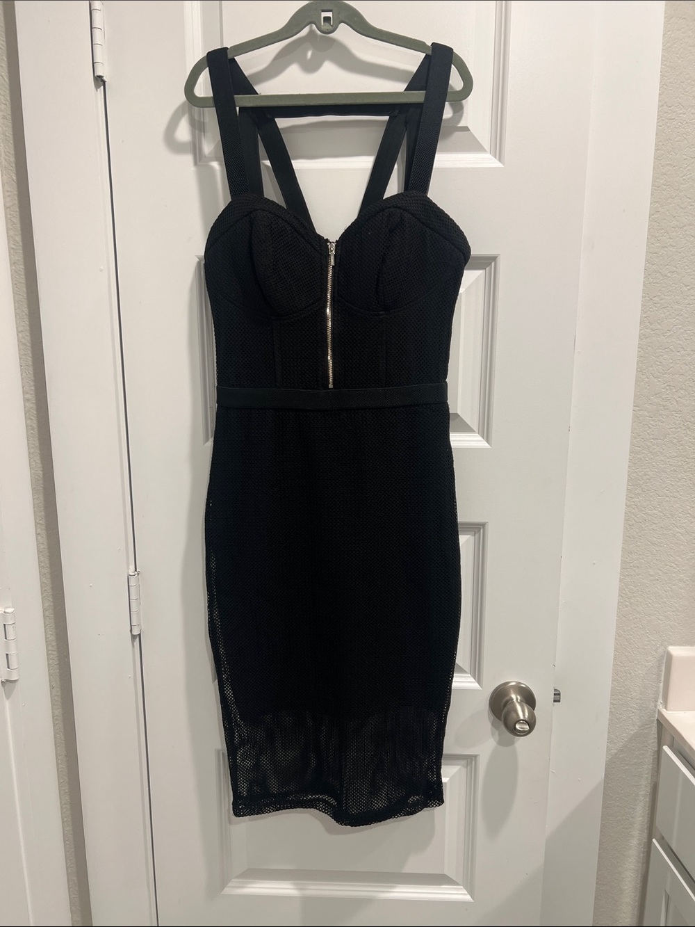 bebe Black Strappy Mesh Midi Dress with Front Zipper